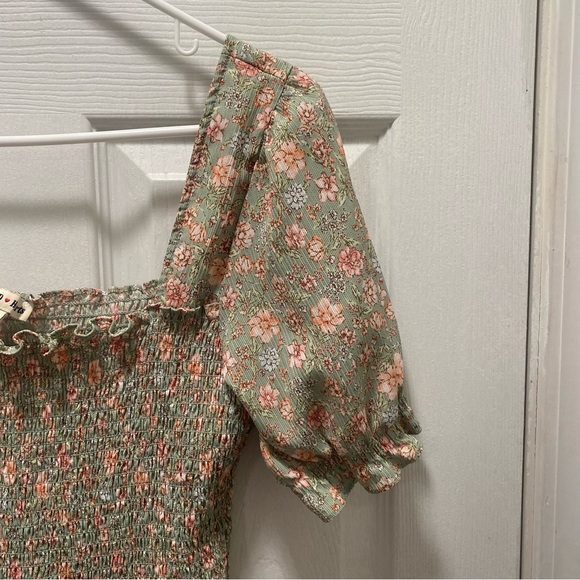 Charmed hearts sage green pink dainty floral smocked puff sleeve mini dress - Picture 2 of 5